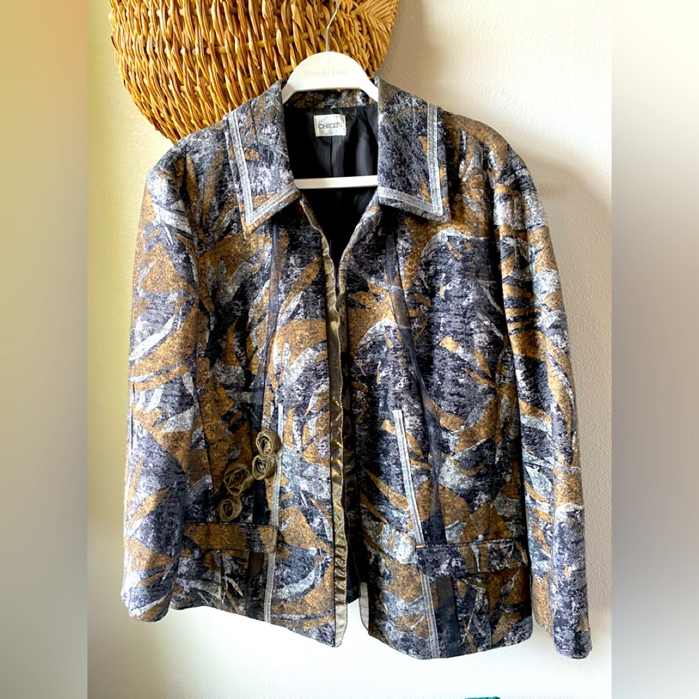 Chico Embellished with Ribbon Grey Gold Blazer/Jacket Large